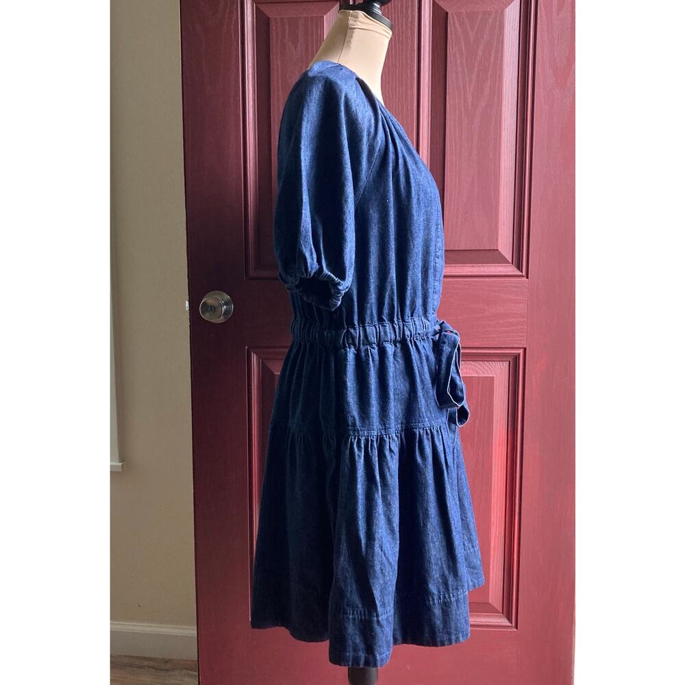 Free Assembly Denim Midi Dress M Blue VNeck Puff Sleeve Tie Belt Cottage Peasant - Picture 4 of 12